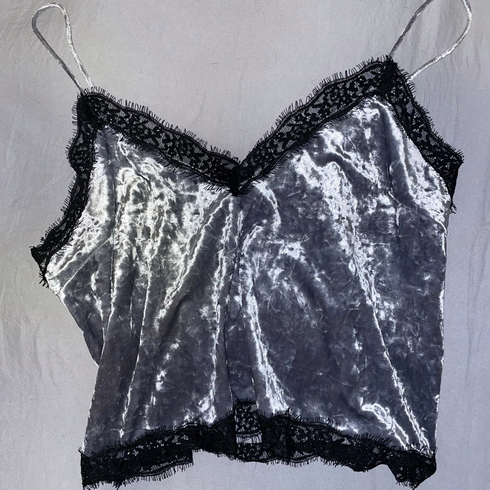 Silver velvet black lace crop top